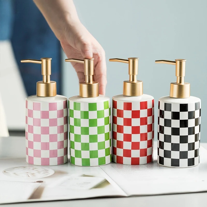 Home Bathroom Pressure Pump - Creatieve keramische zeepdispenser dambordpatroon lotionfles drukpomp